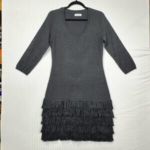 Calvin Klein Elegant Gray Knit Fringe Mini Dress Women’s Size Medium Scoop Neck